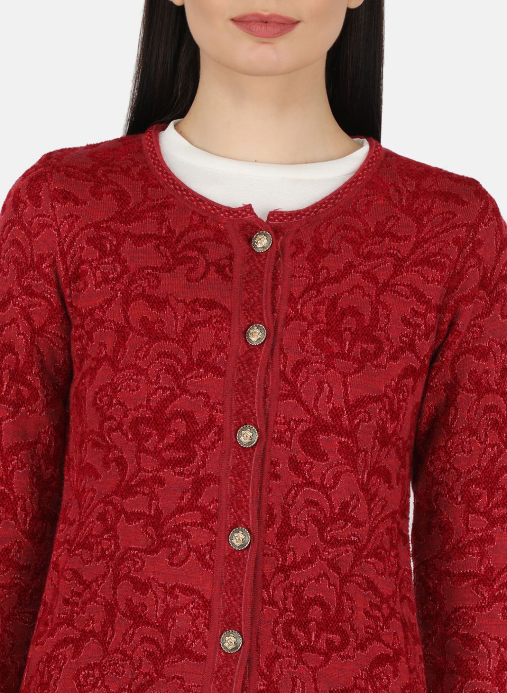 Women Red Self Design Cardigan