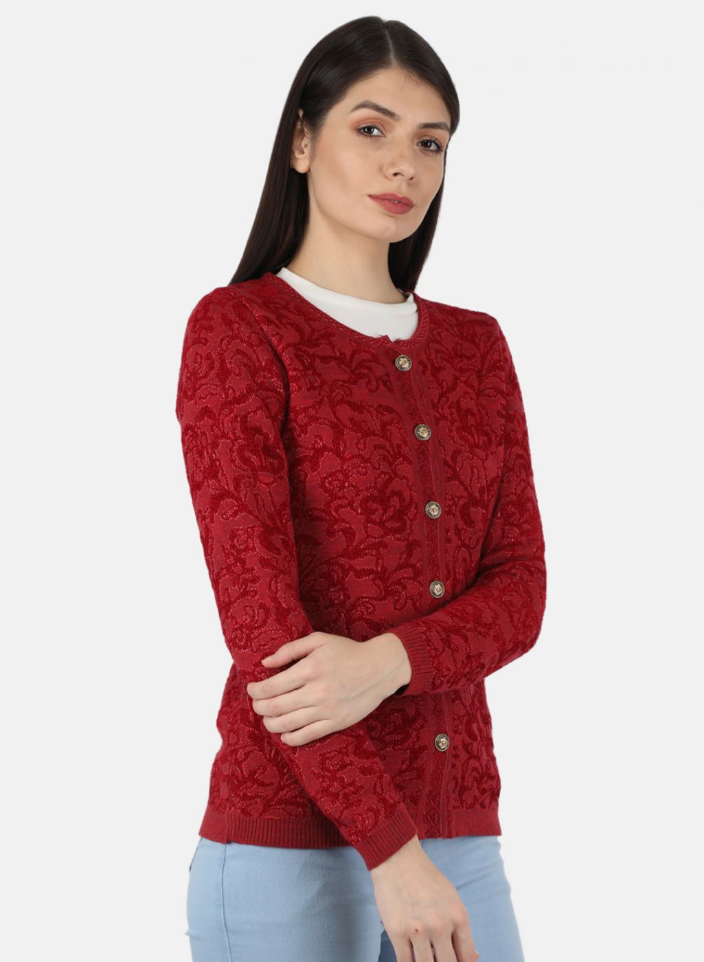 Women Red Self Design Cardigan