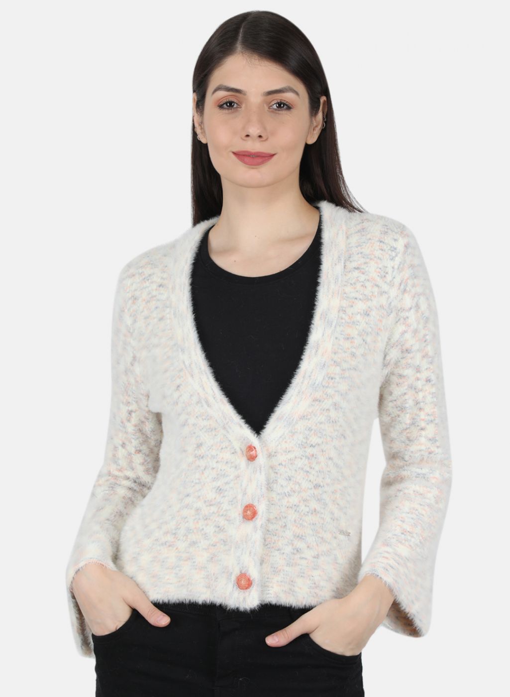 Women Off White Self Design Cardigan