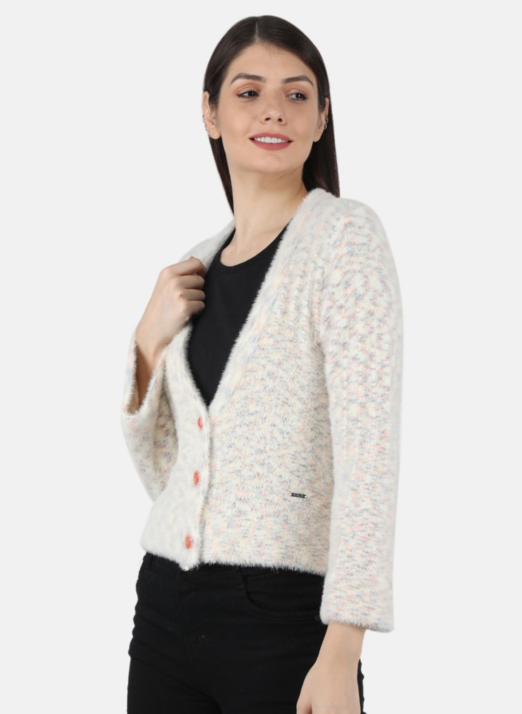 Women Off White Self Design Cardigan