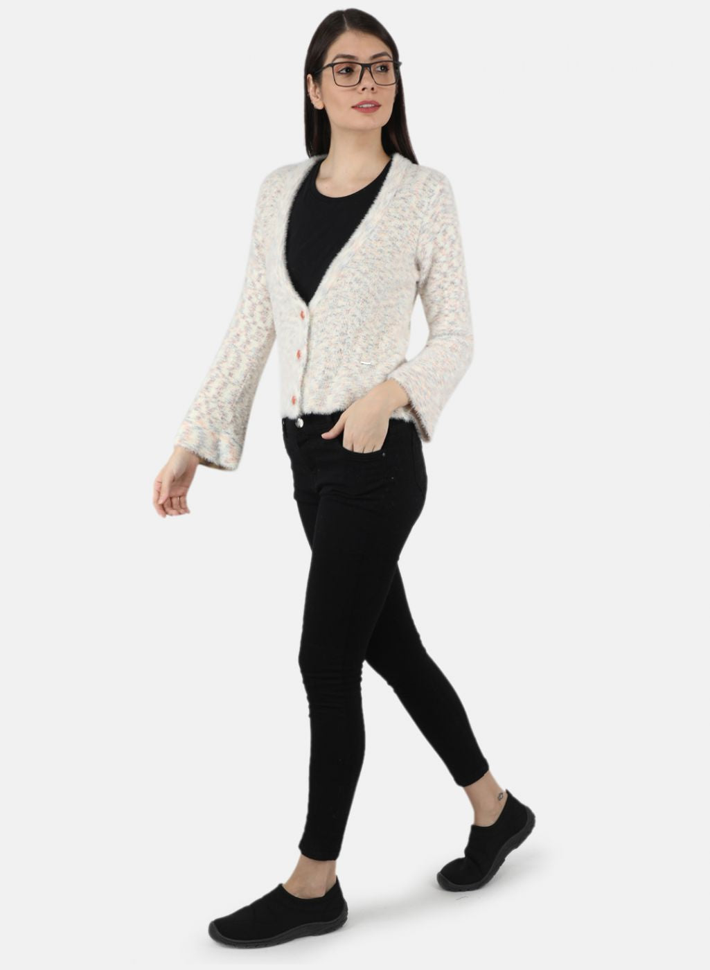 Women Off White Self Design Cardigan