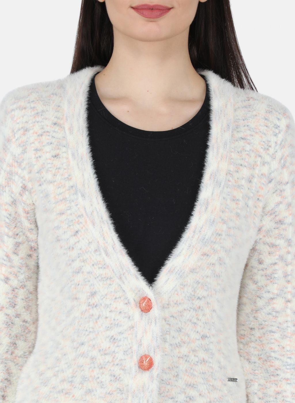 Women Off White Self Design Cardigan