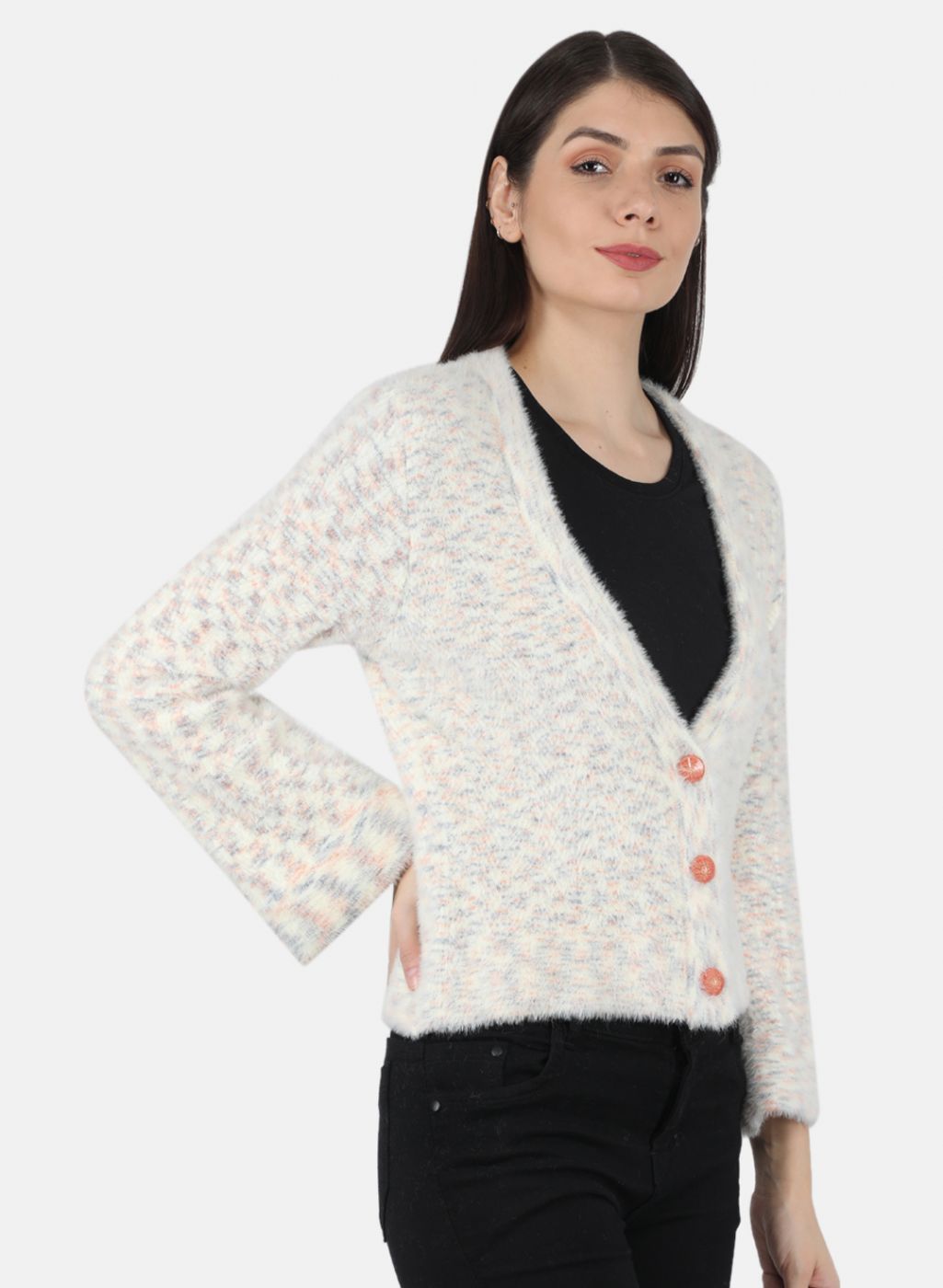 Women Off White Self Design Cardigan