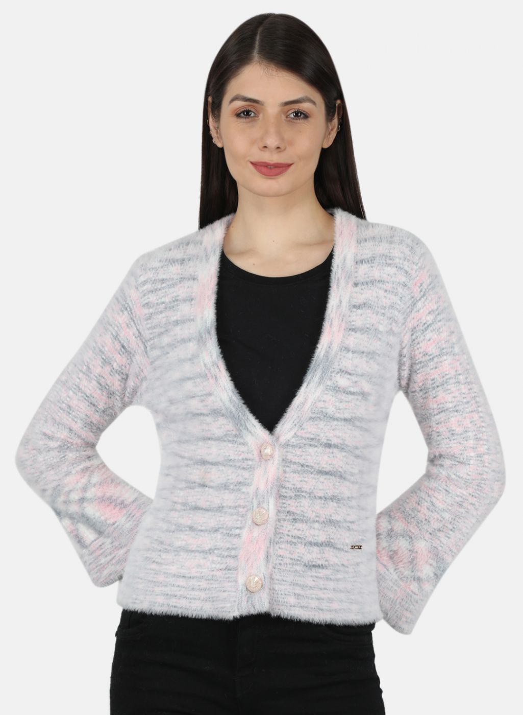 Women Pink Self Design Cardigan