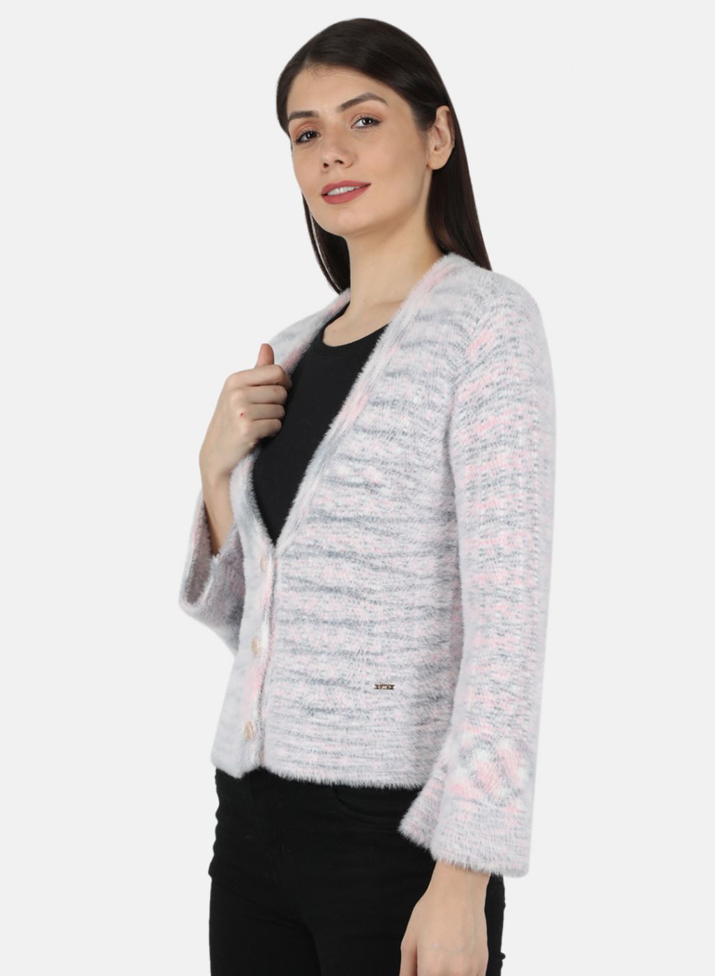 Women Pink Self Design Cardigan