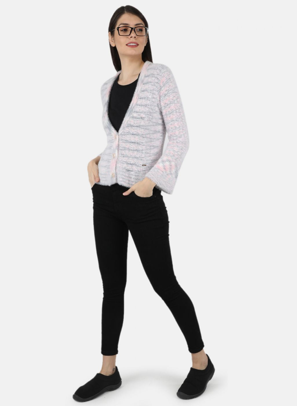 Women Pink Self Design Cardigan