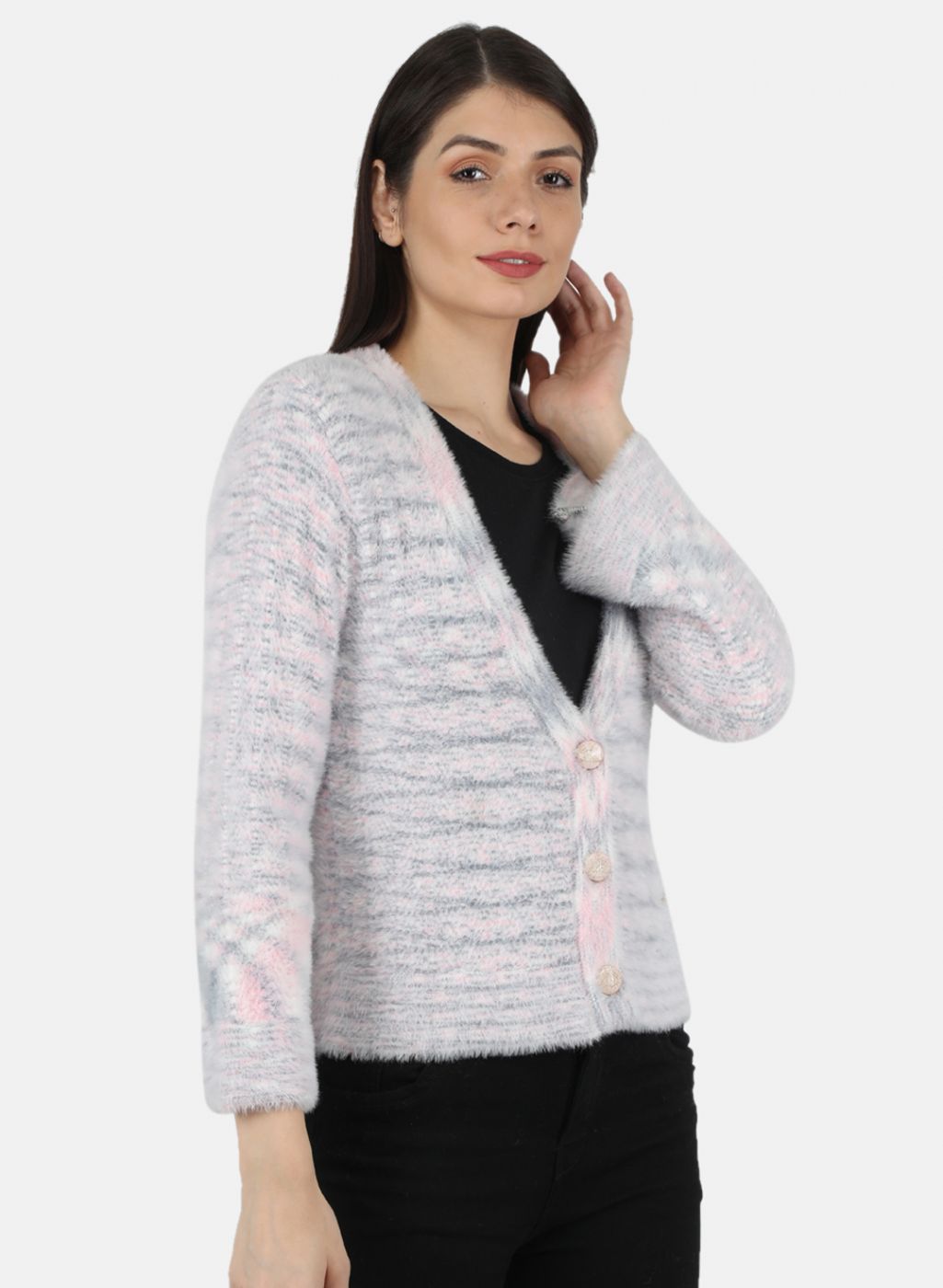 Women Pink Self Design Cardigan