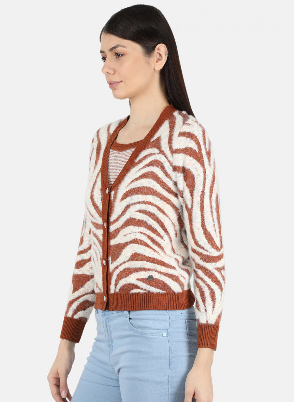 Women Rust Orange Self Design Cardigan