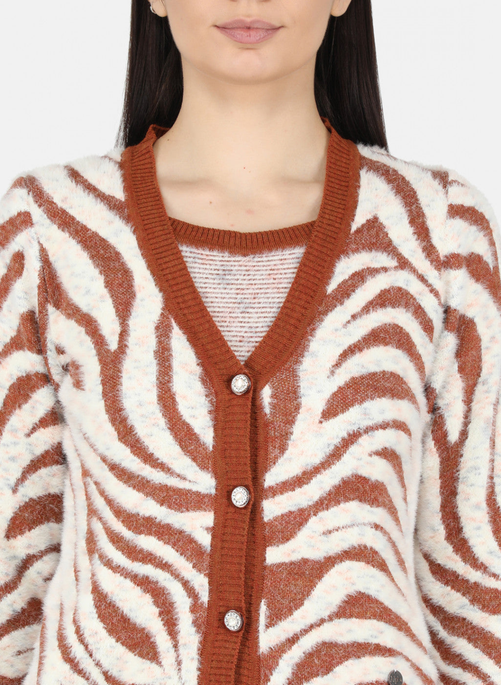 Women Rust Orange Self Design Cardigan