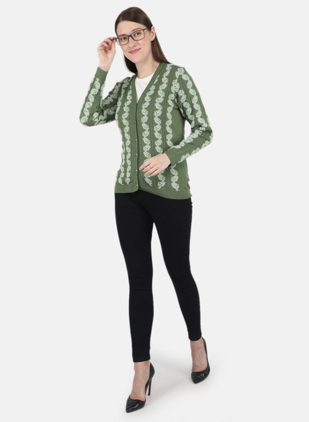 Women Green Self design Cardigan