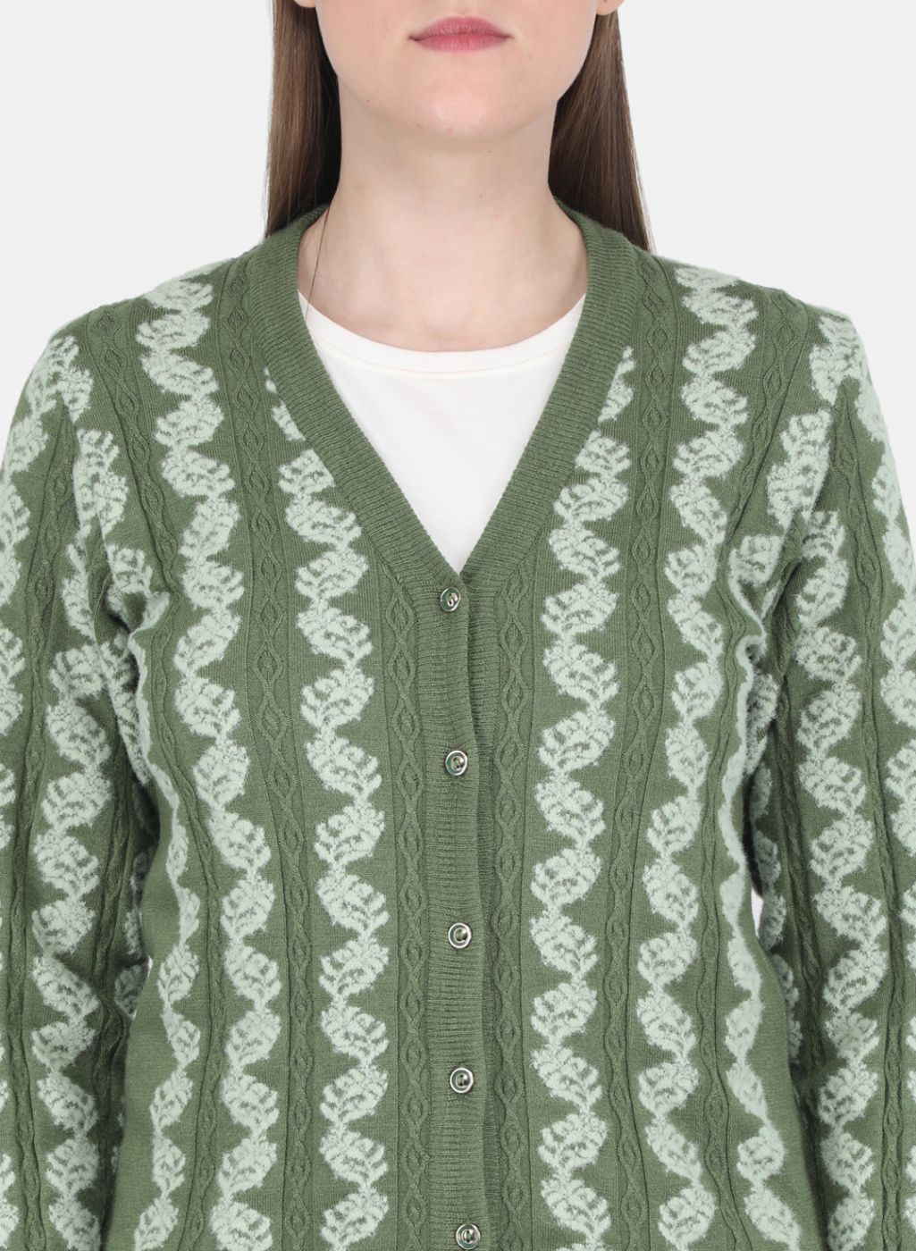 Women Green Self design Cardigan