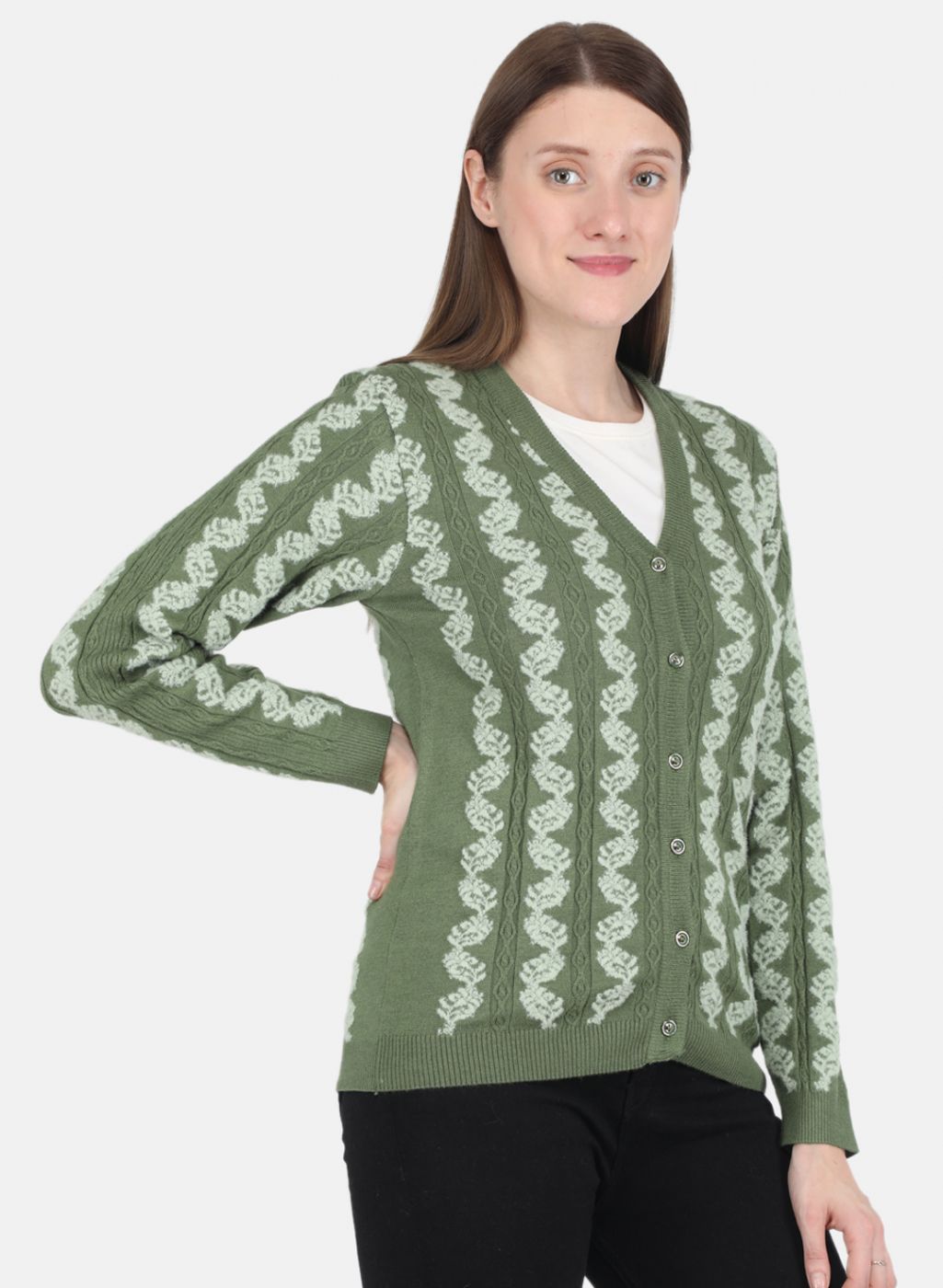 Women Green Self design Cardigan