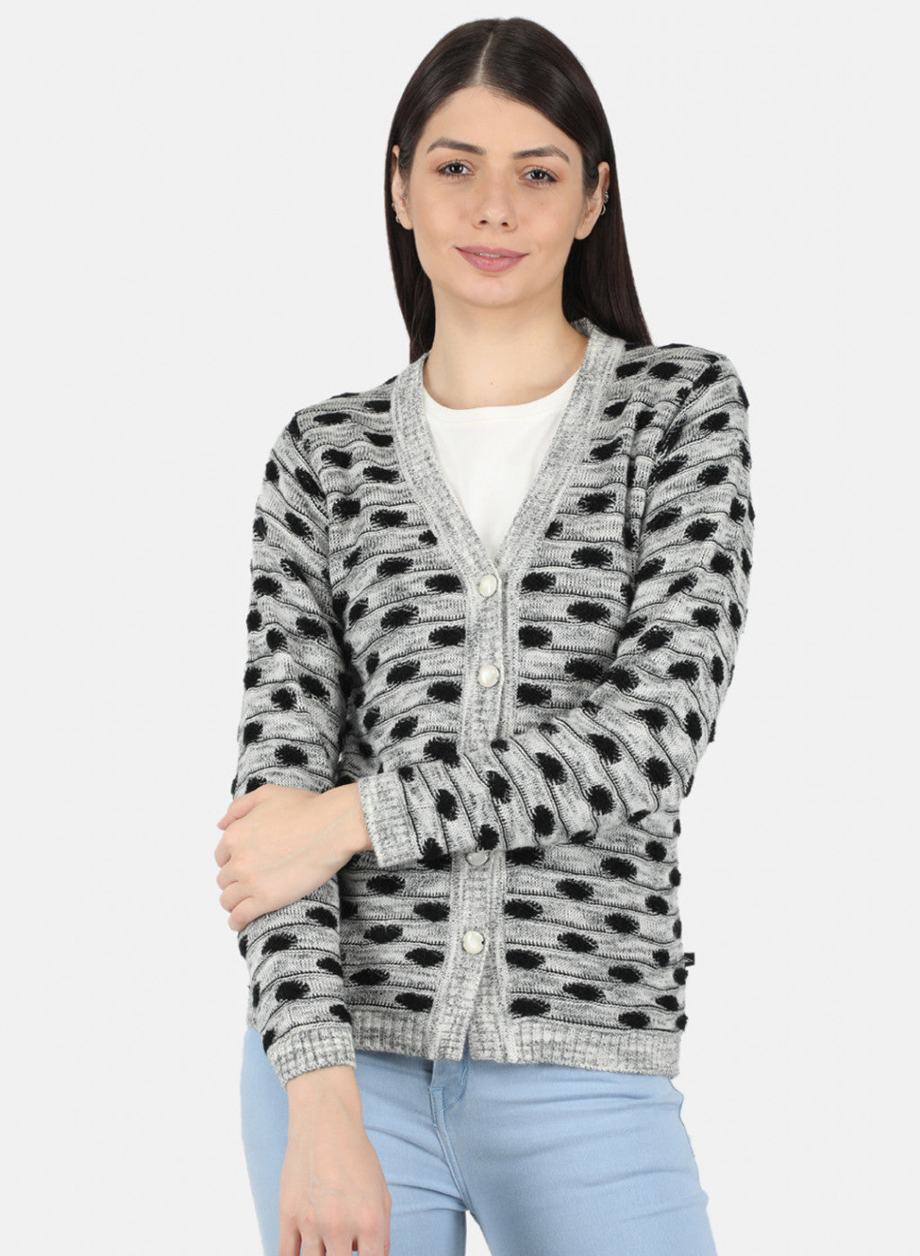 Women Grey Self Design Cardigan