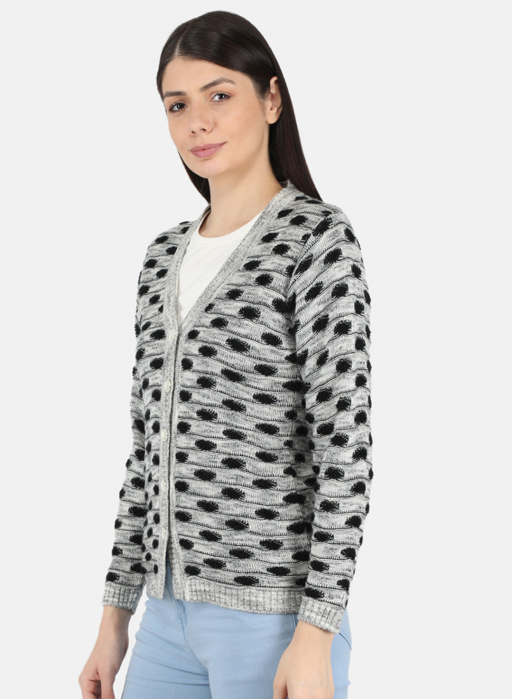 Women Grey Self Design Cardigan