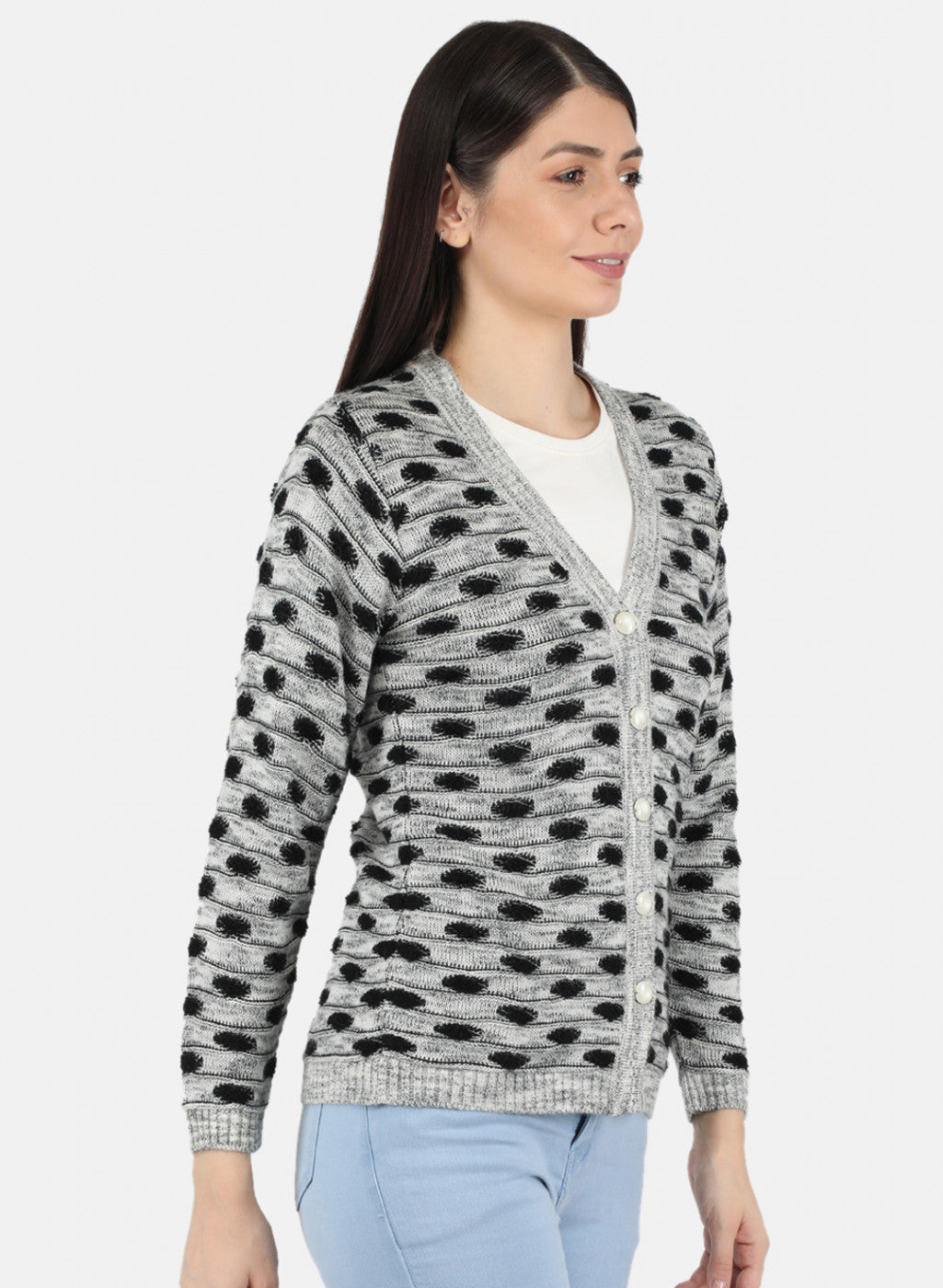 Women Grey Self Design Cardigan