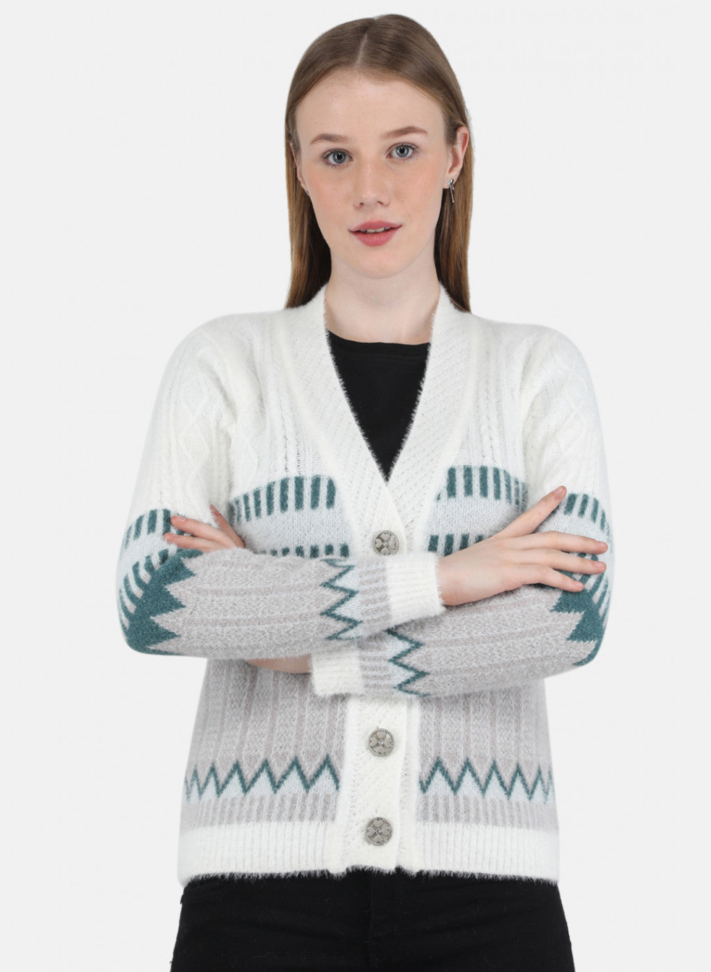 Women White Self Design Cardigan