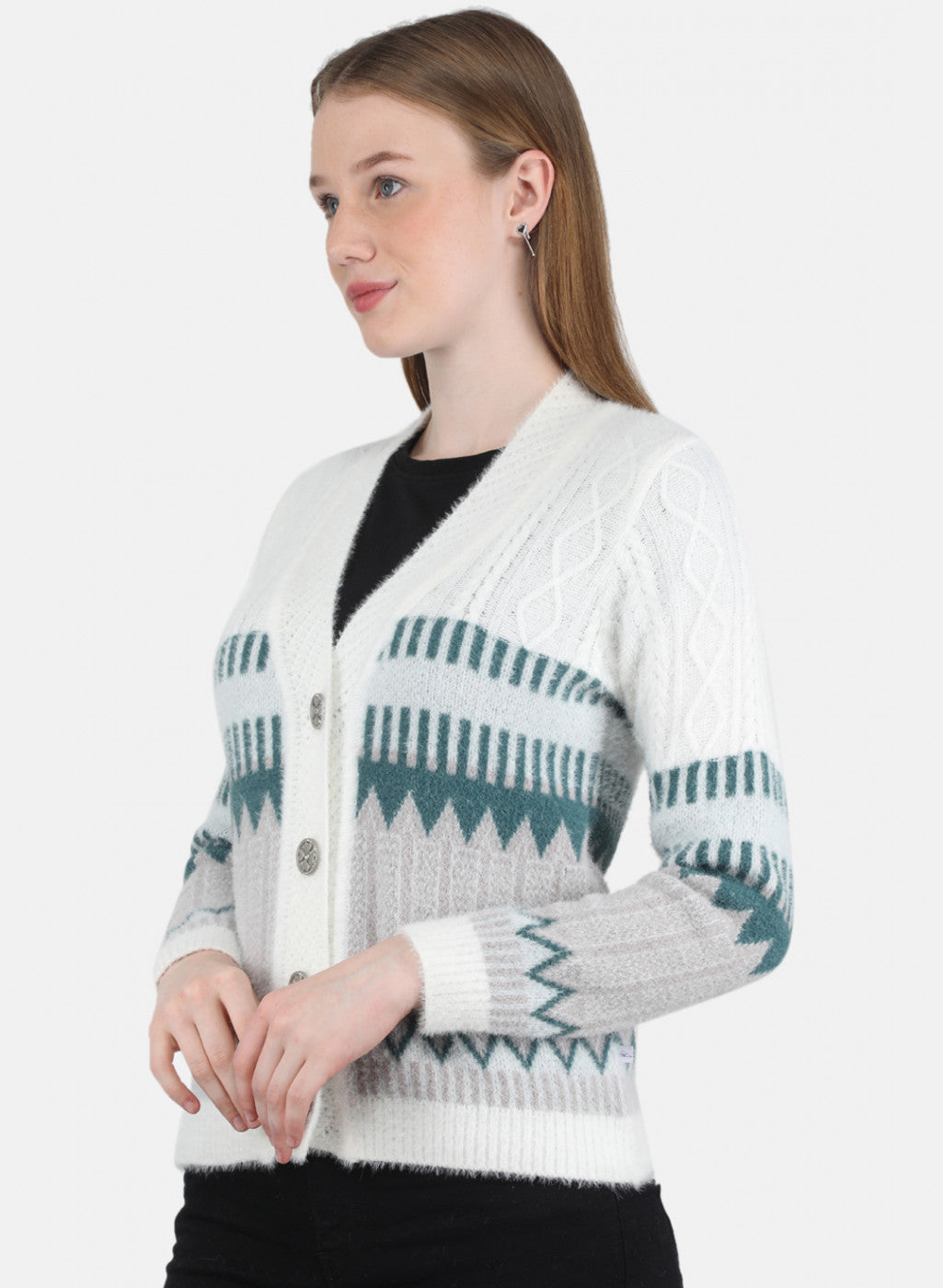 Women White Self Design Cardigan