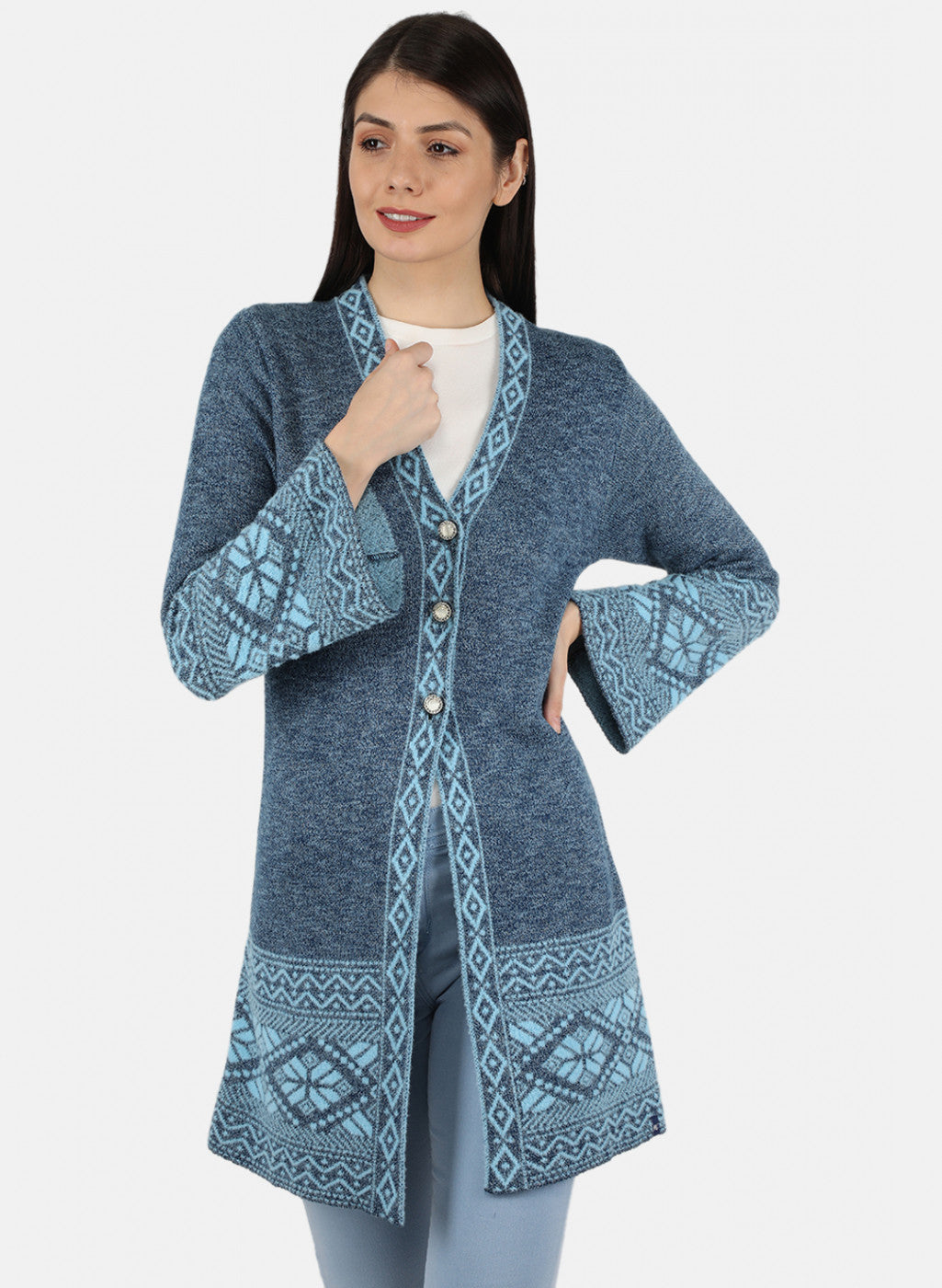 Women Sky Blue Self Design Cardigan