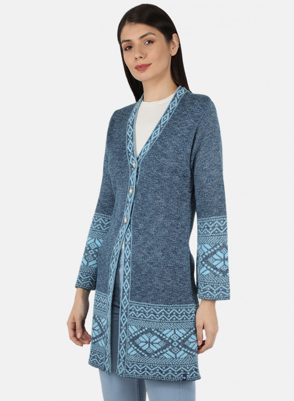 Women Sky Blue Self Design Cardigan