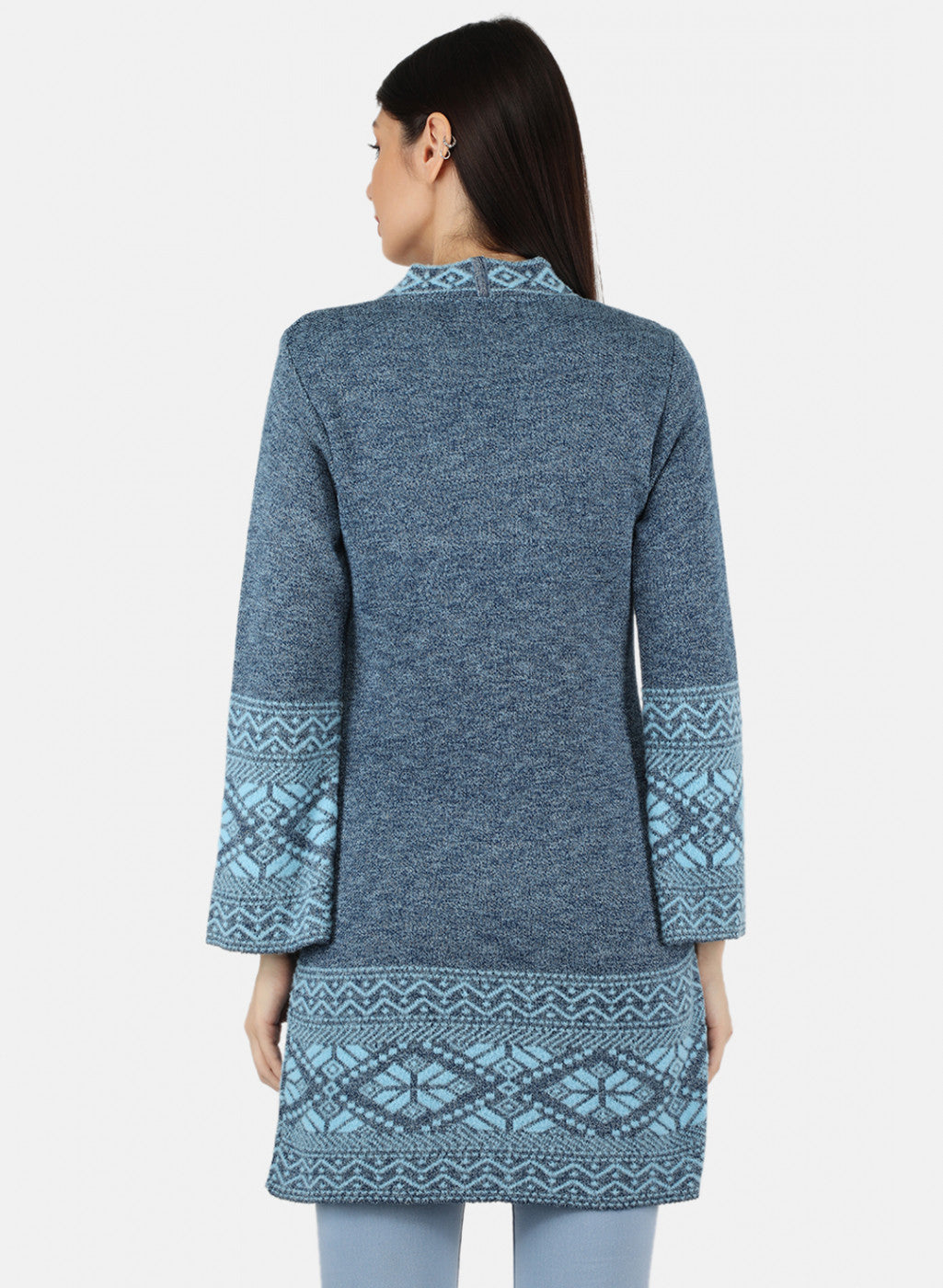 Women Sky Blue Self Design Cardigan