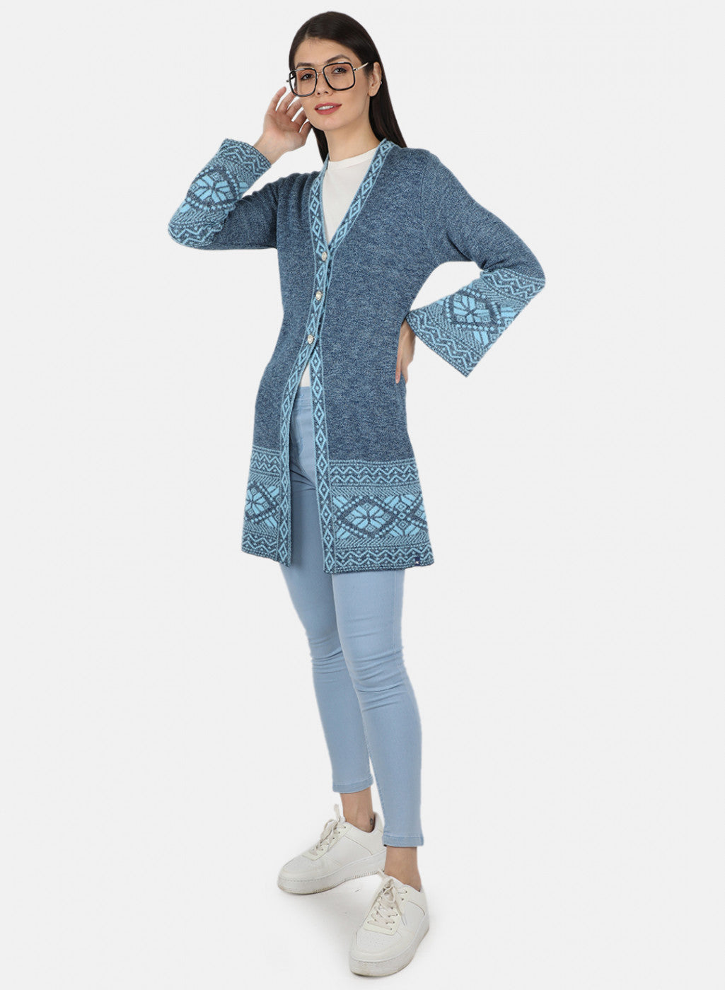 Women Sky Blue Self Design Cardigan