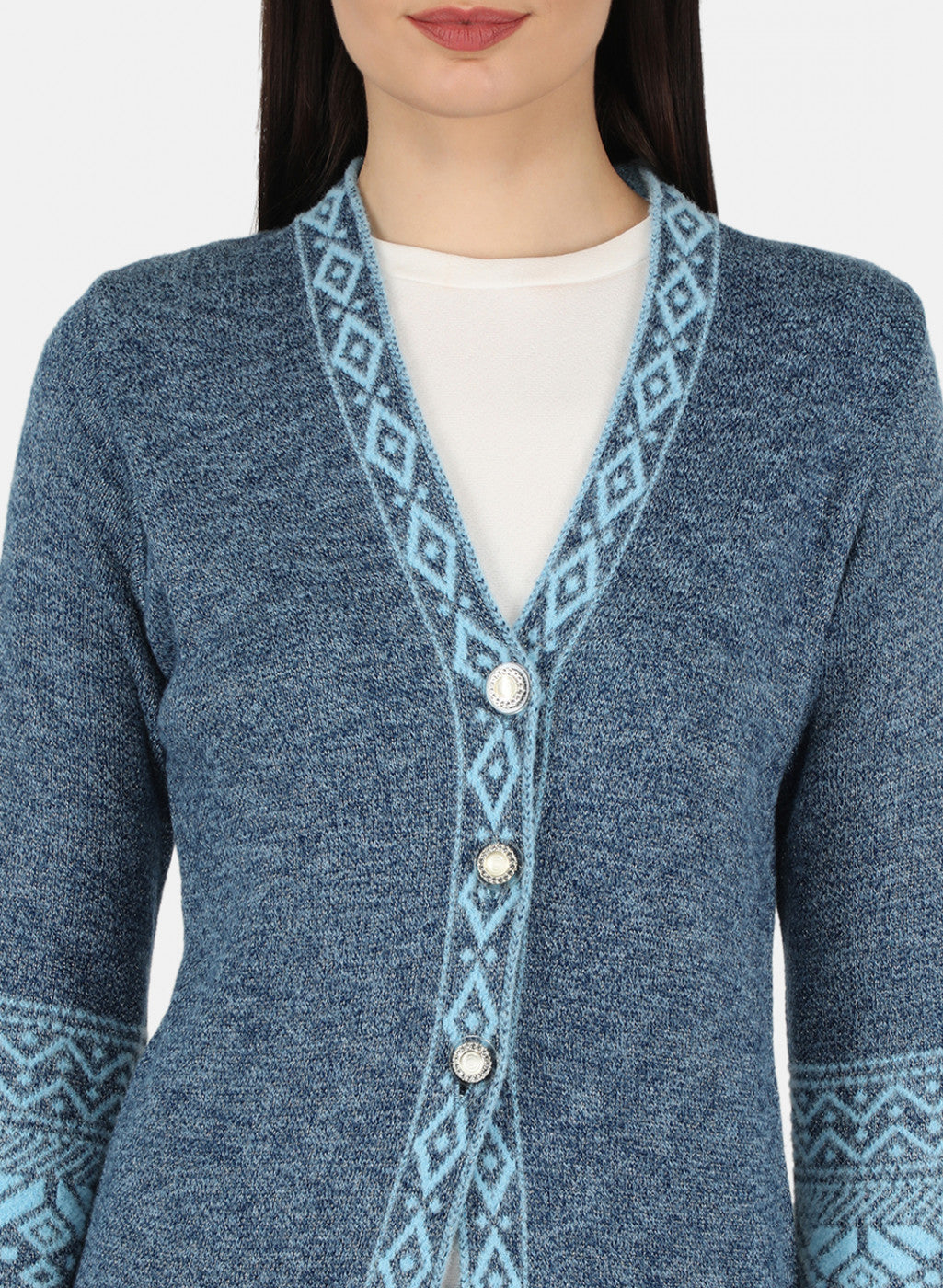 Women Sky Blue Self Design Cardigan