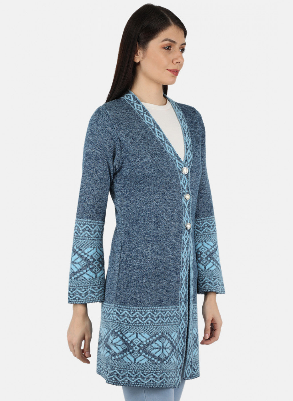 Women Sky Blue Self Design Cardigan