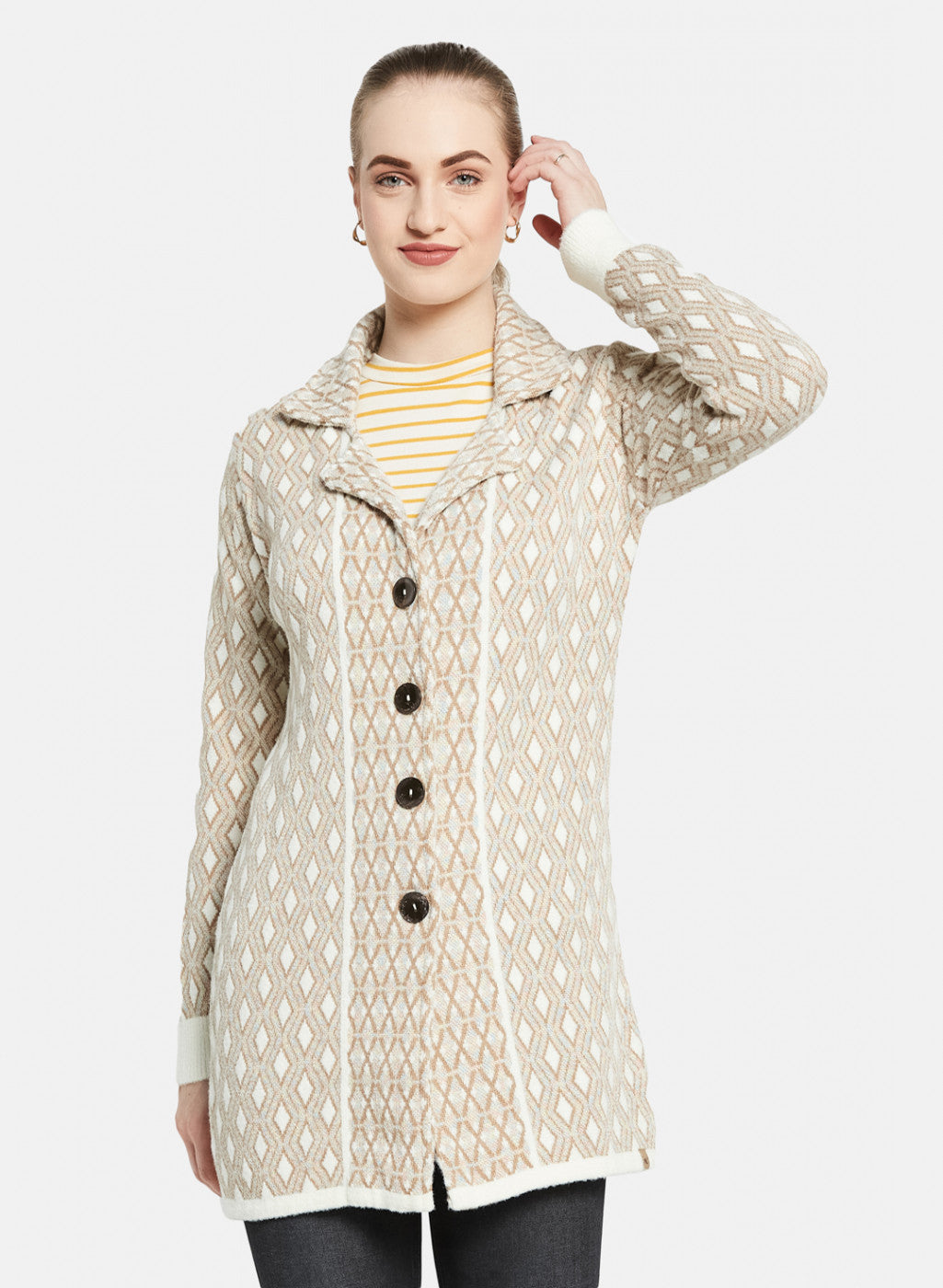 Women Beige Jaquard Coat