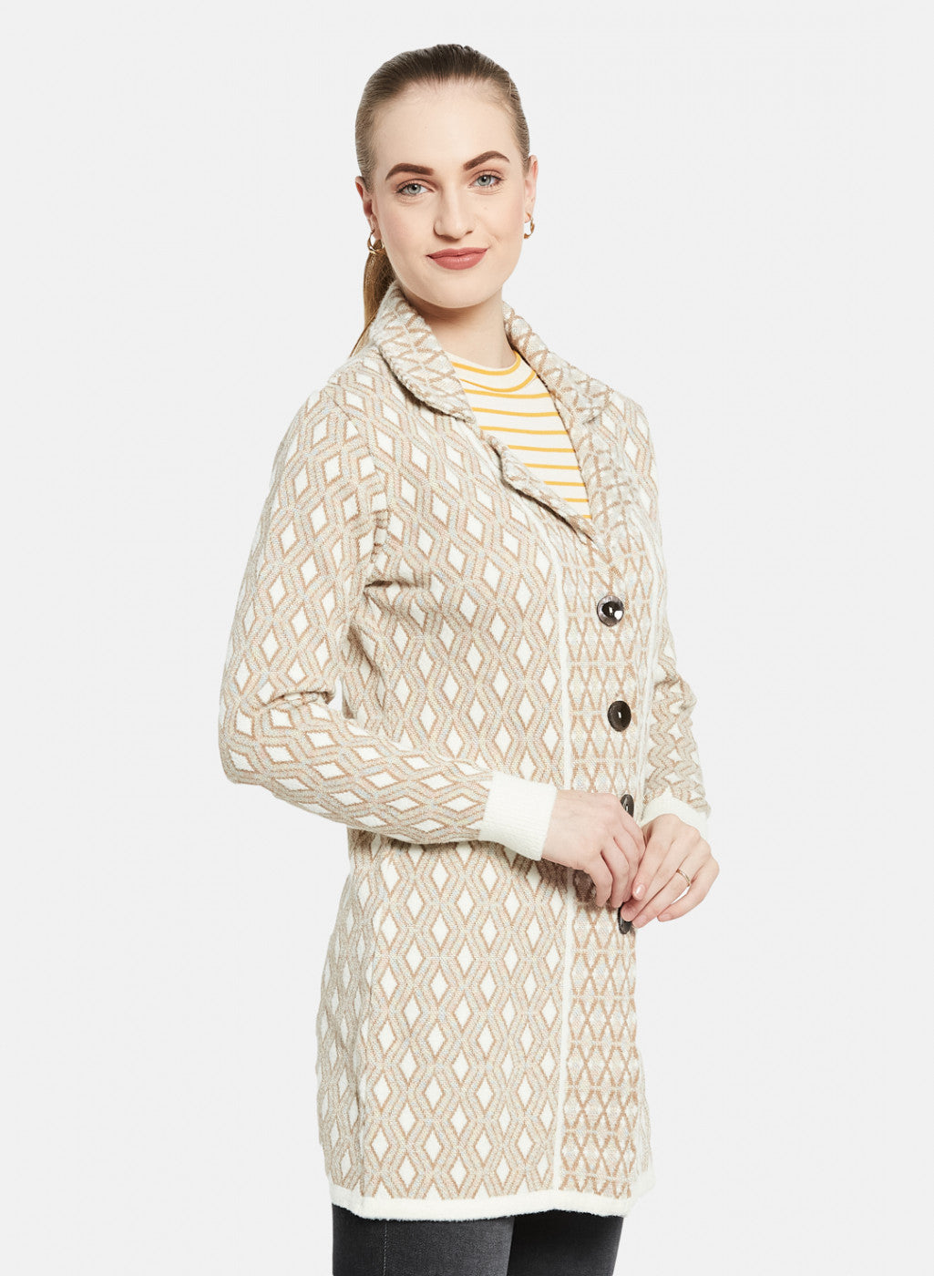 Women Beige Jaquard Coat