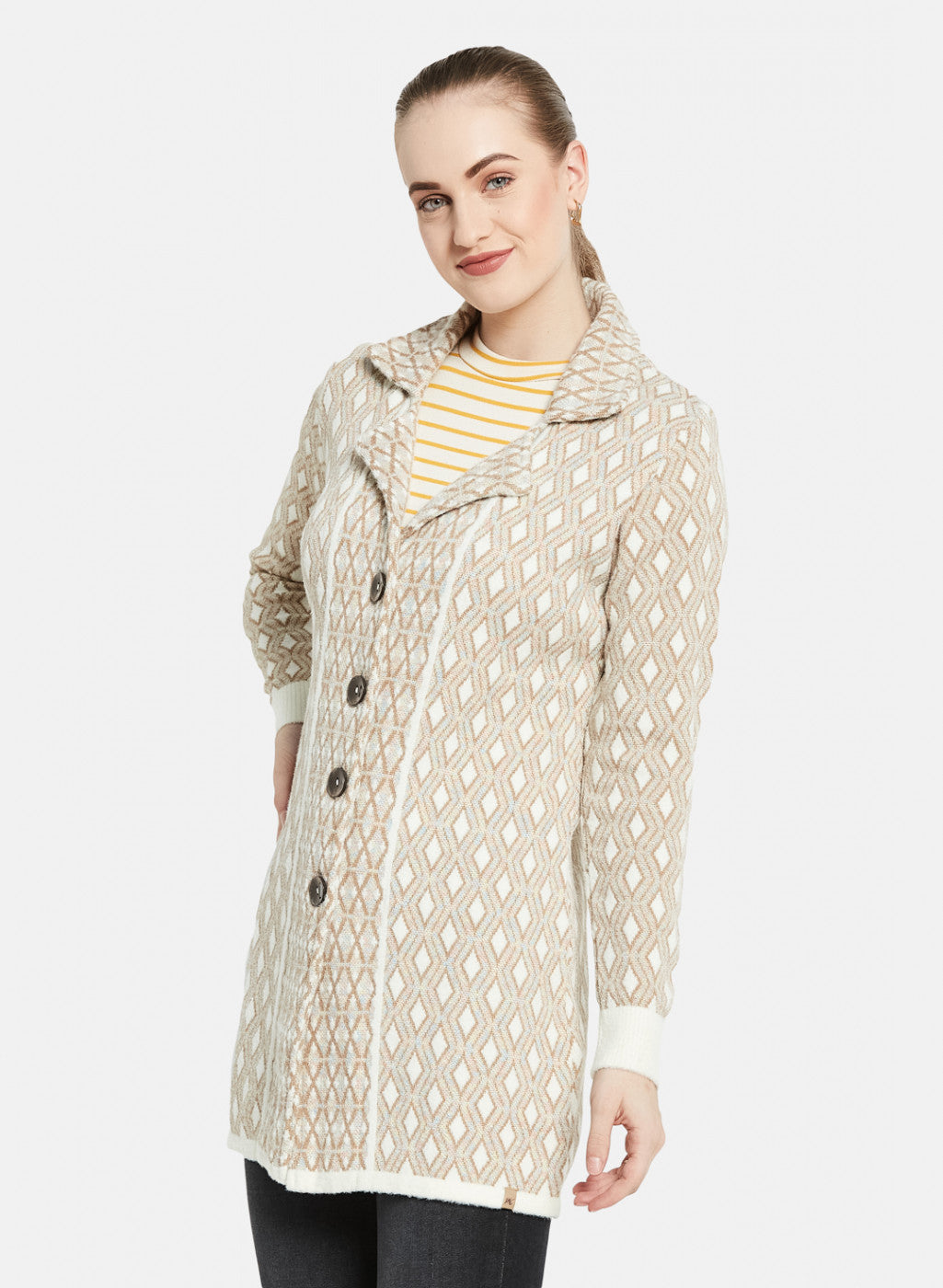 Women Beige Jaquard Coat