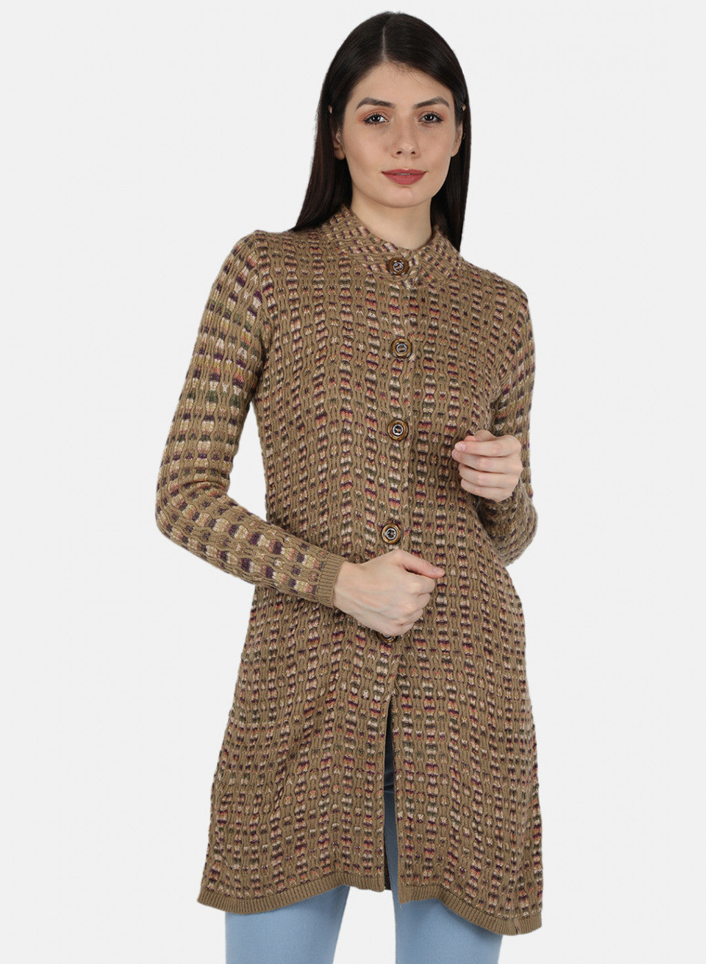 Women Brown Self Design Coat