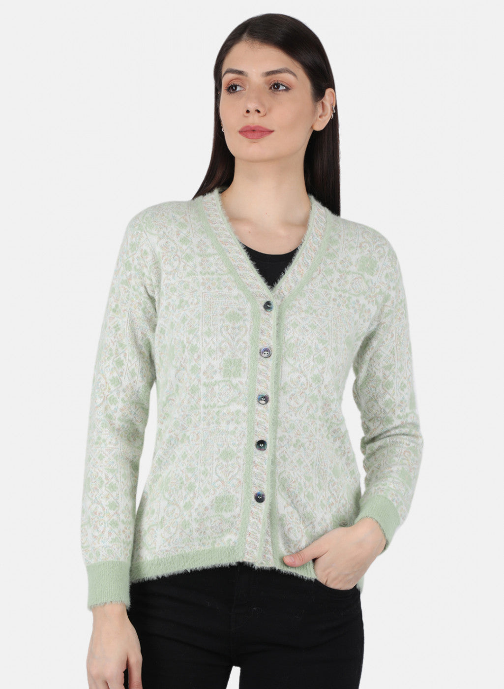 Women Green Self Design Cardigan