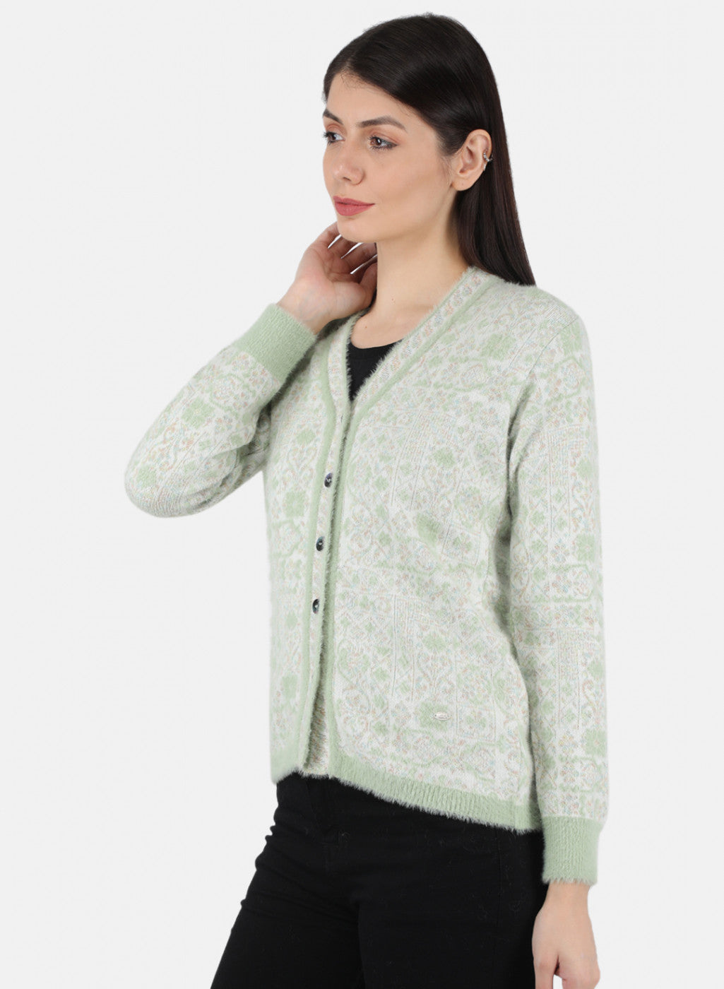 Women Green Self Design Cardigan