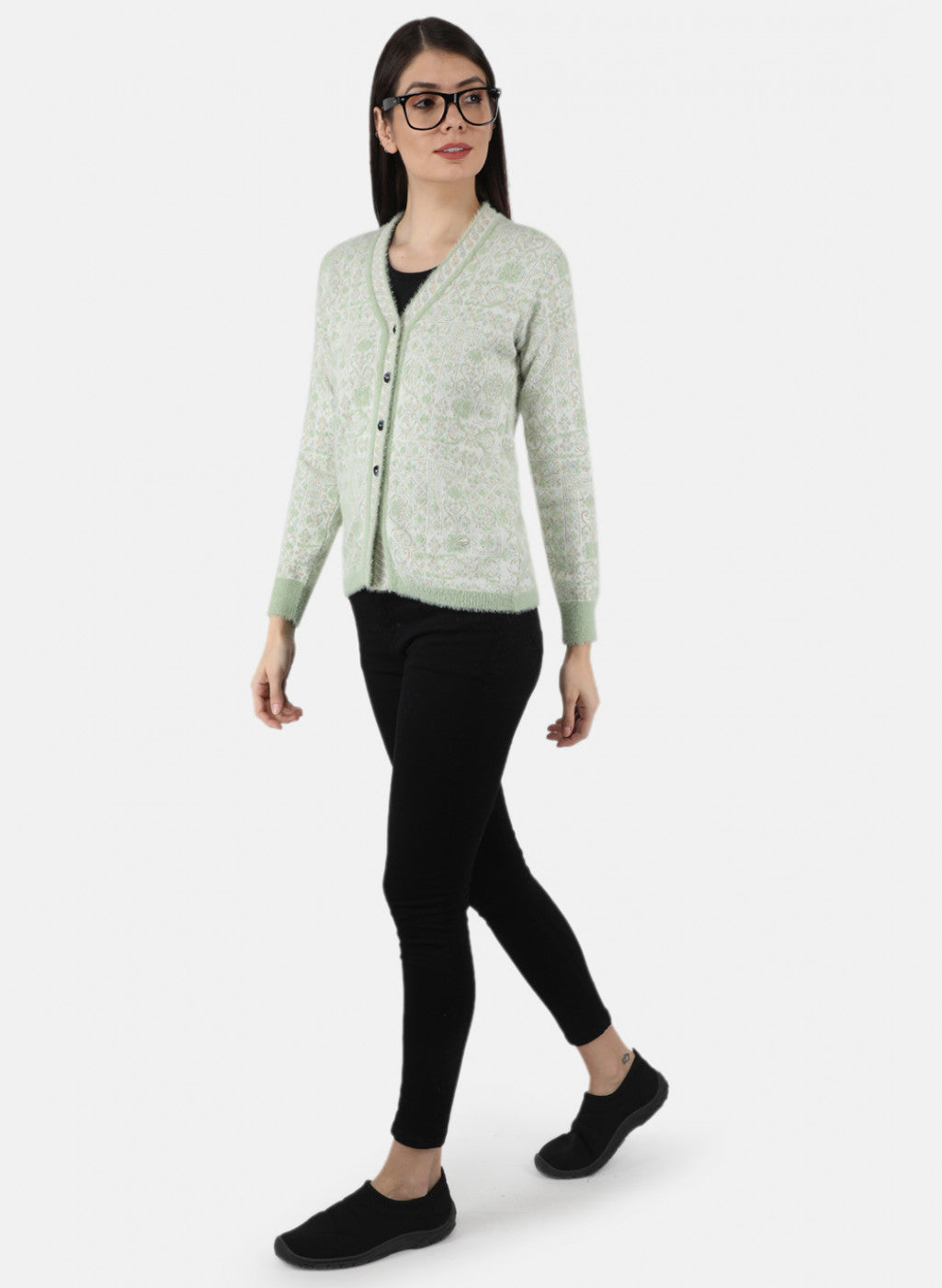 Women Green Self Design Cardigan