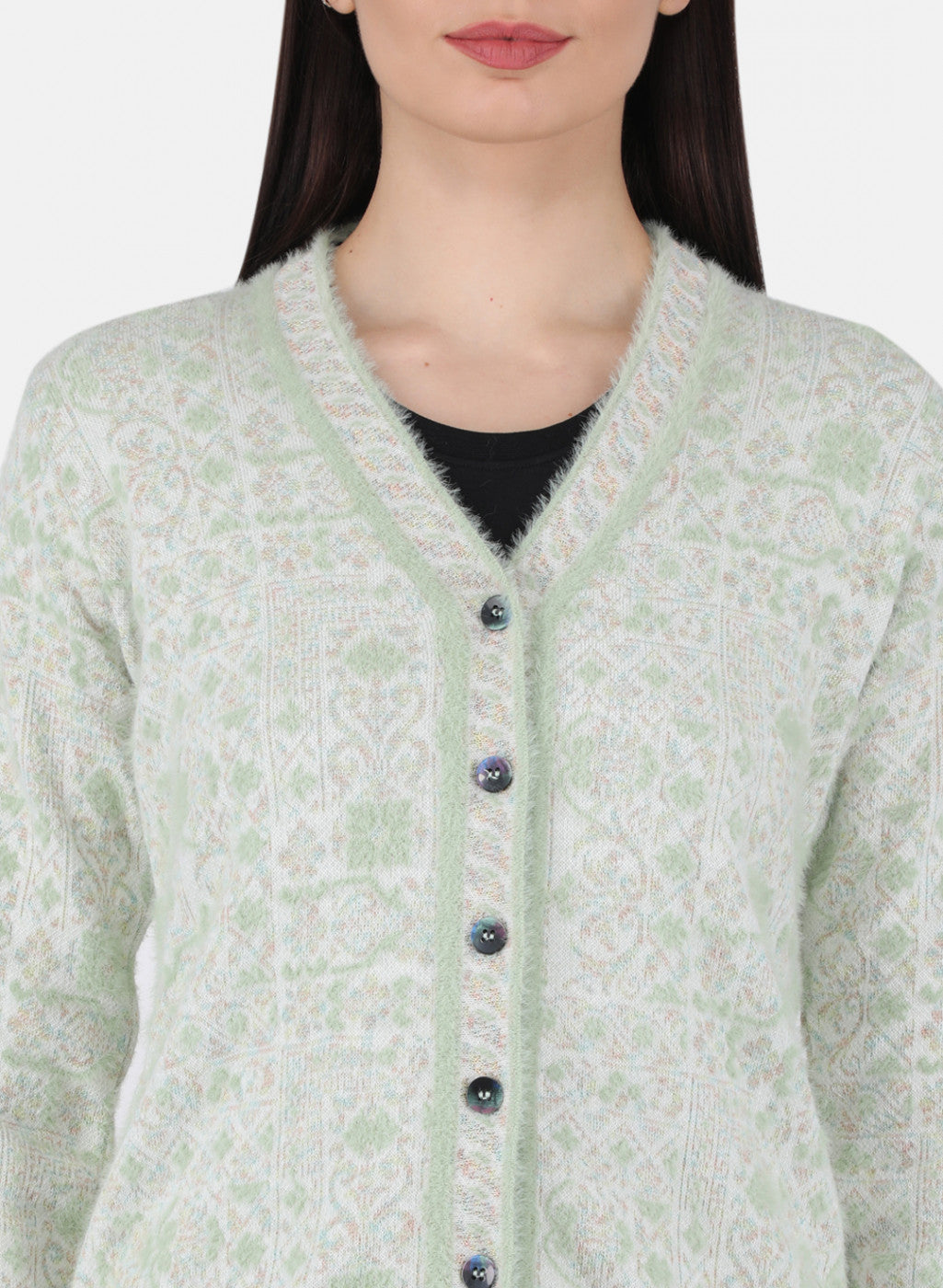 Women Green Self Design Cardigan