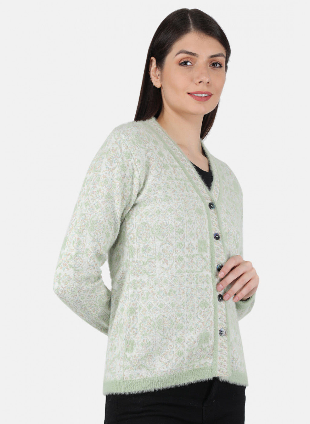 Women Green Self Design Cardigan