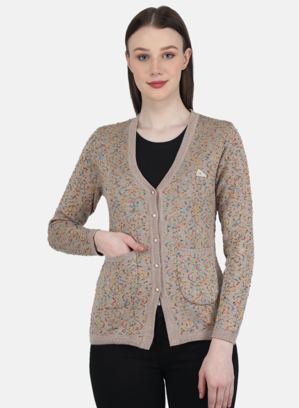 Women Beige Self Design Cardigan