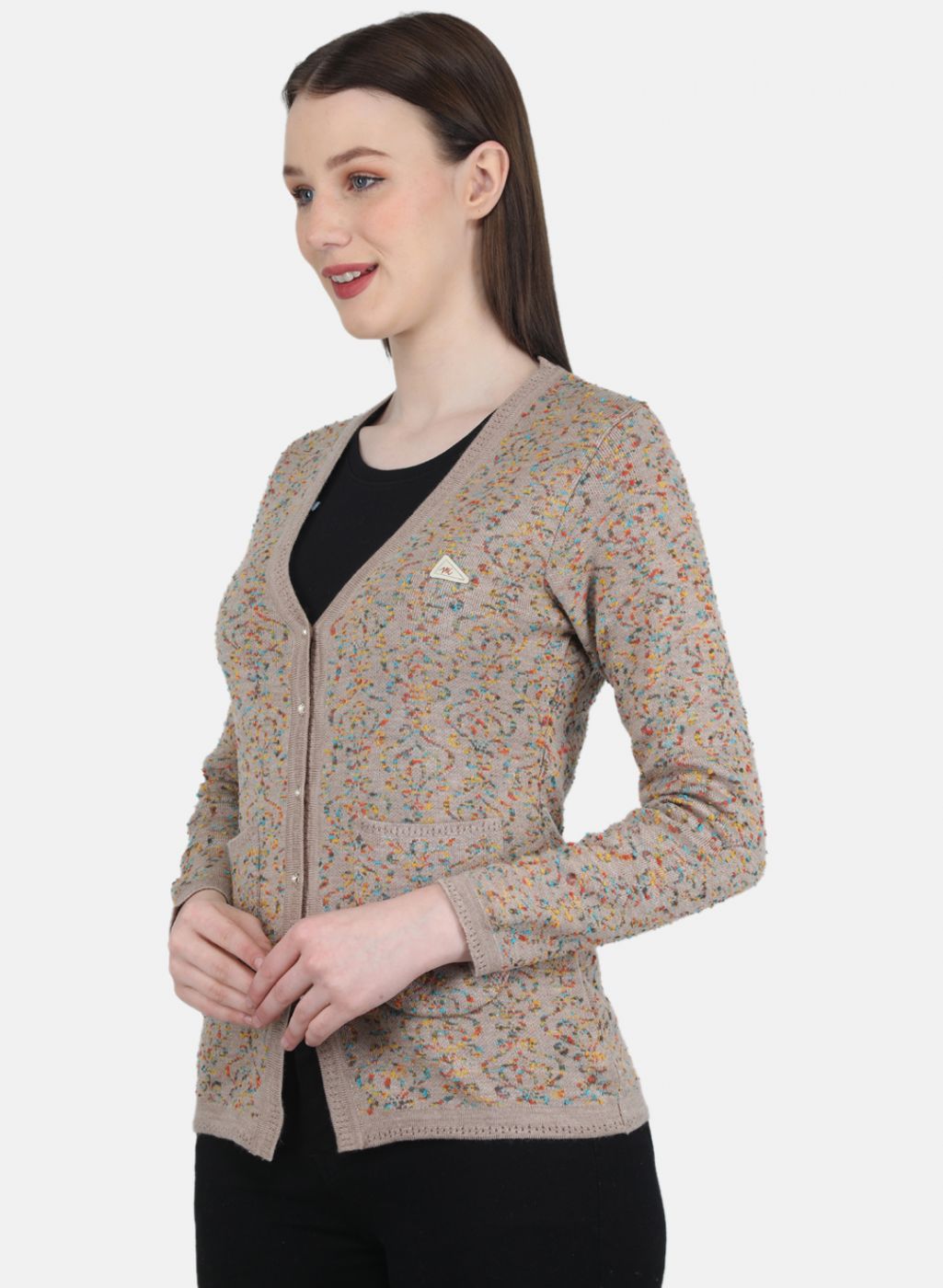 Women Beige Self Design Cardigan