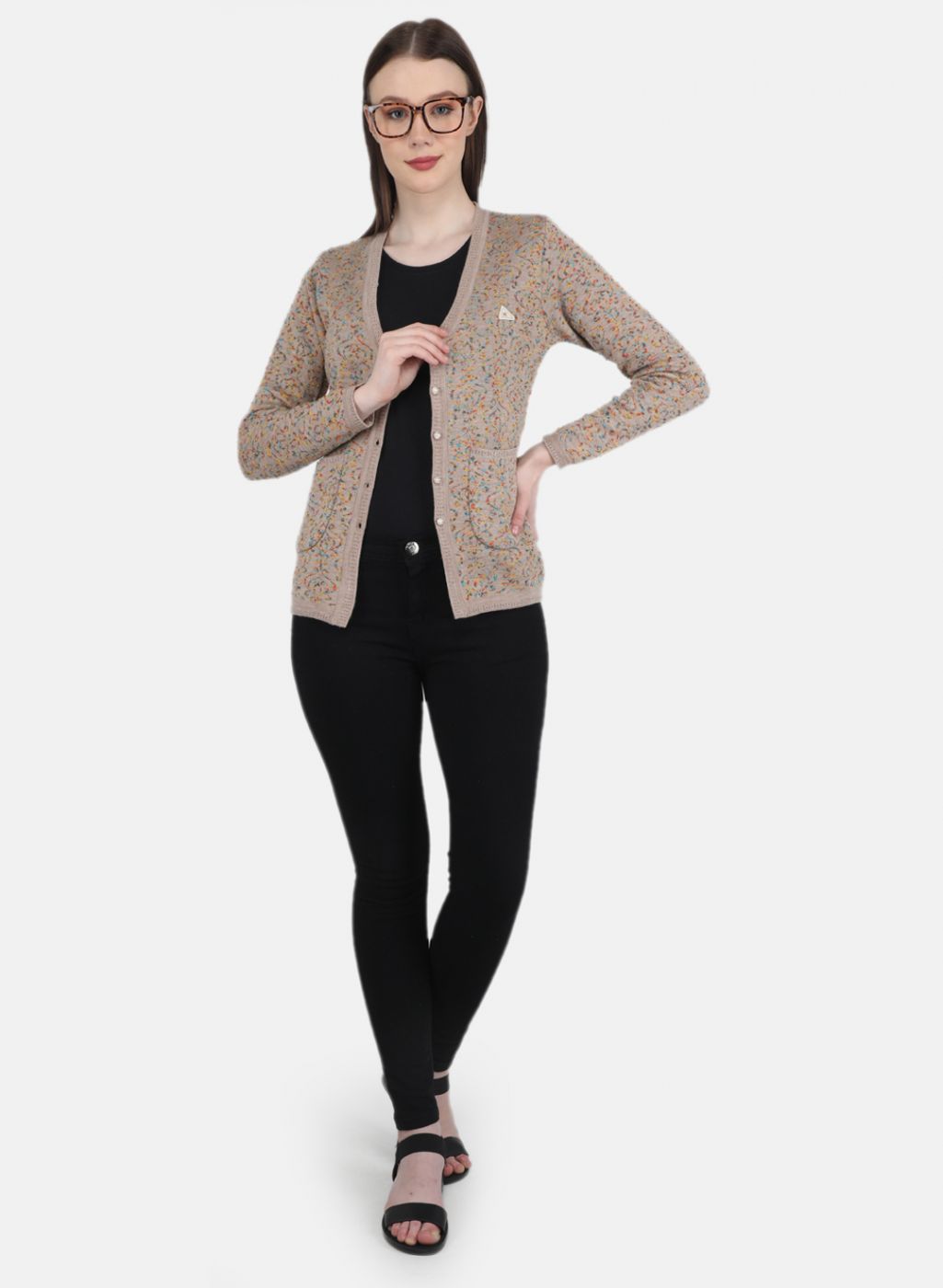 Women Beige Self Design Cardigan