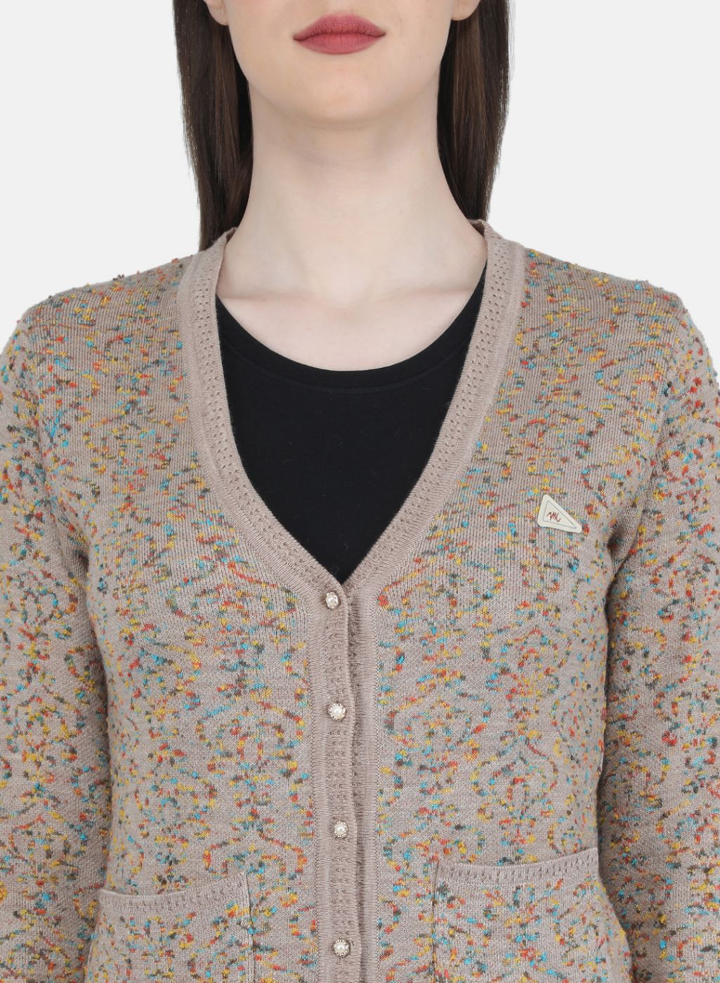 Women Beige Self Design Cardigan