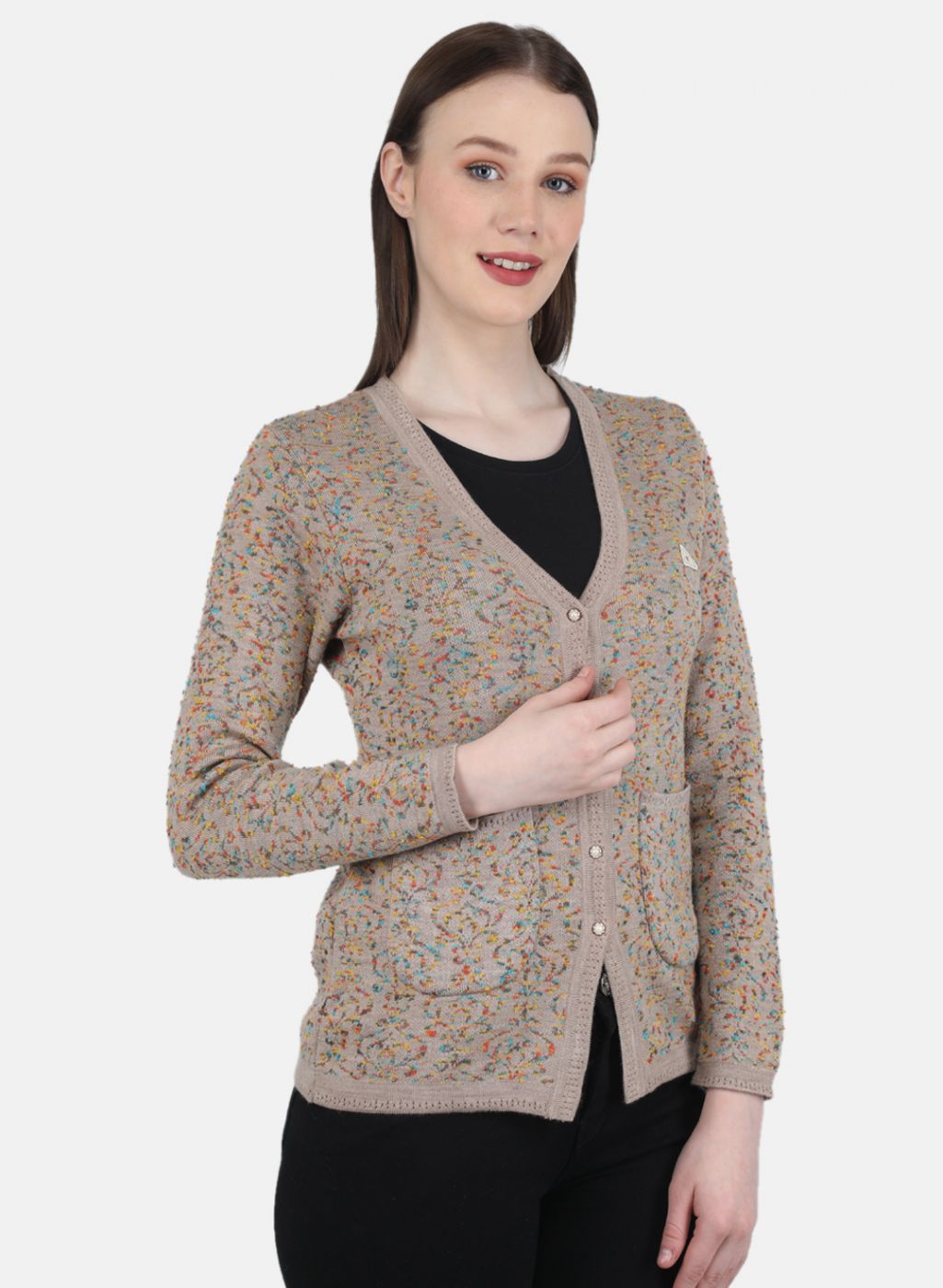 Women Beige Self Design Cardigan