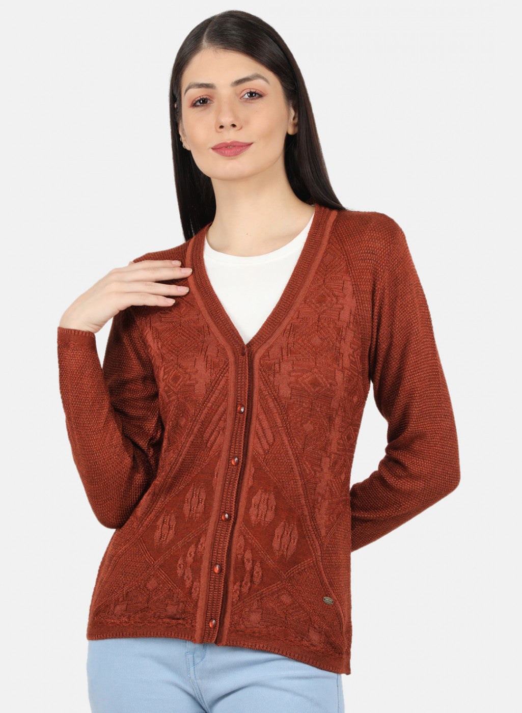 Women Orange Self Design Cardigan