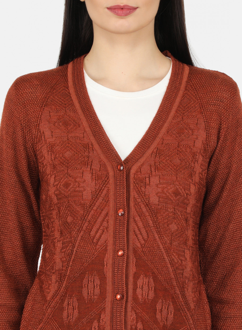 Women Orange Self Design Cardigan