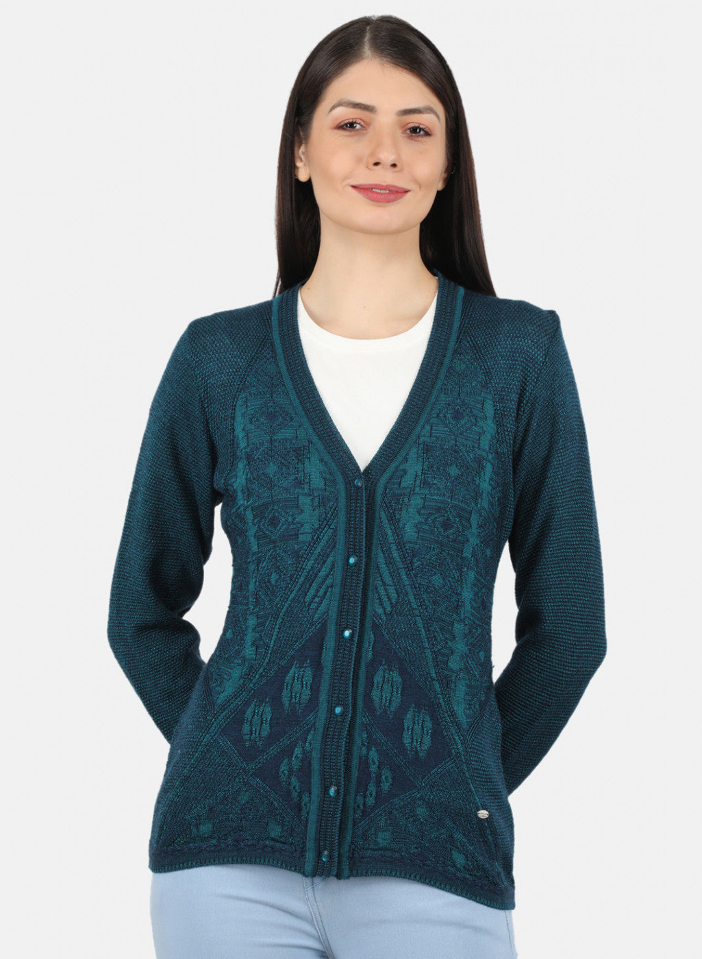 Women Green Self Design Cardigan