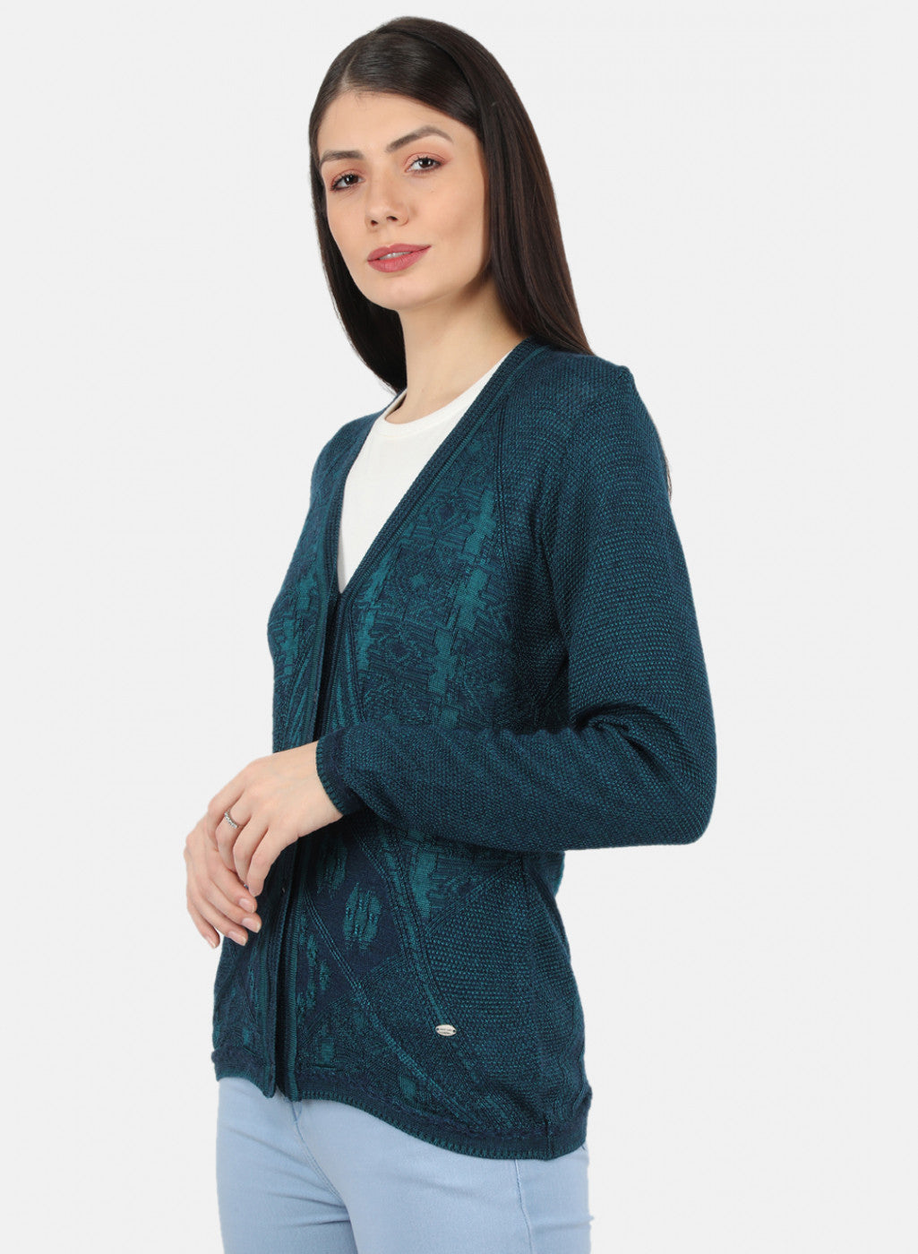 Women Green Self Design Cardigan