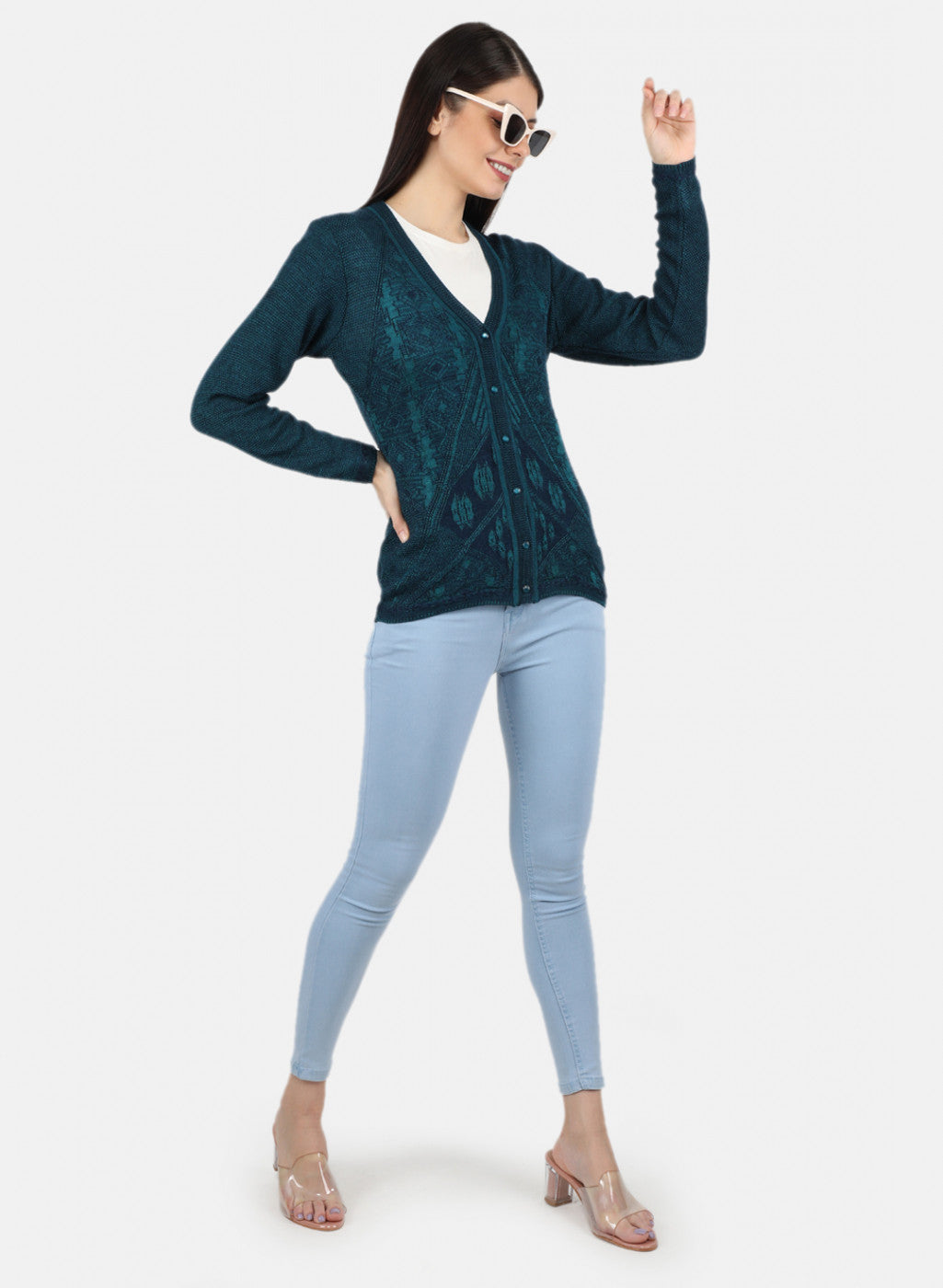 Women Green Self Design Cardigan