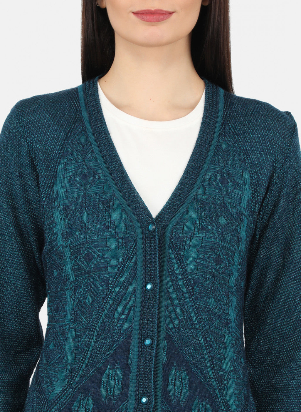 Women Green Self Design Cardigan