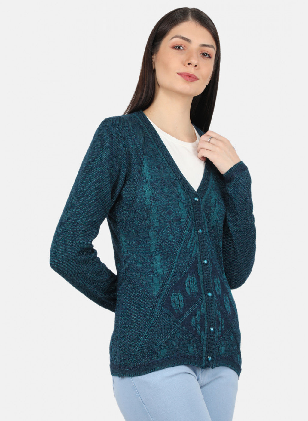 Women Green Self Design Cardigan