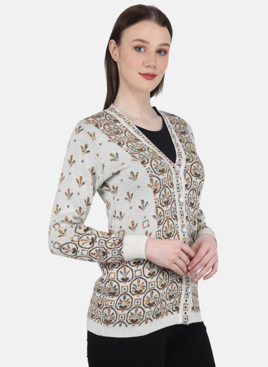 Women White & Brown Self Design Cardigan