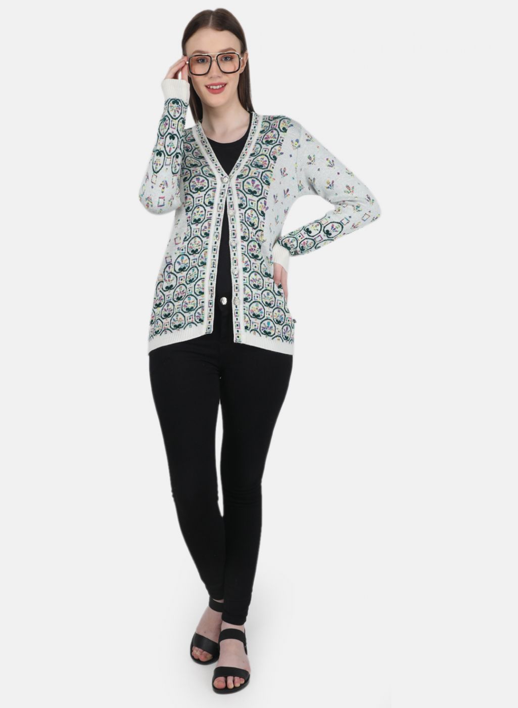 Women White & Green Self Design Cardigan